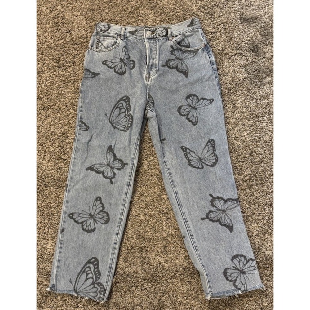 Pacsun Blue Denim Jeans High Rise Straight Black Butterflies Women’s Size 30